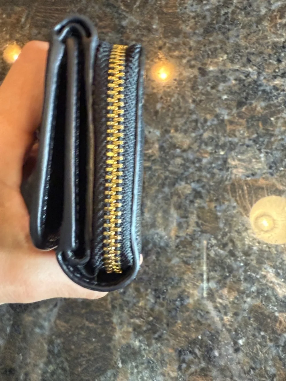 Coach Black Leather Textured Zip Wallet with Gold Logo Accent